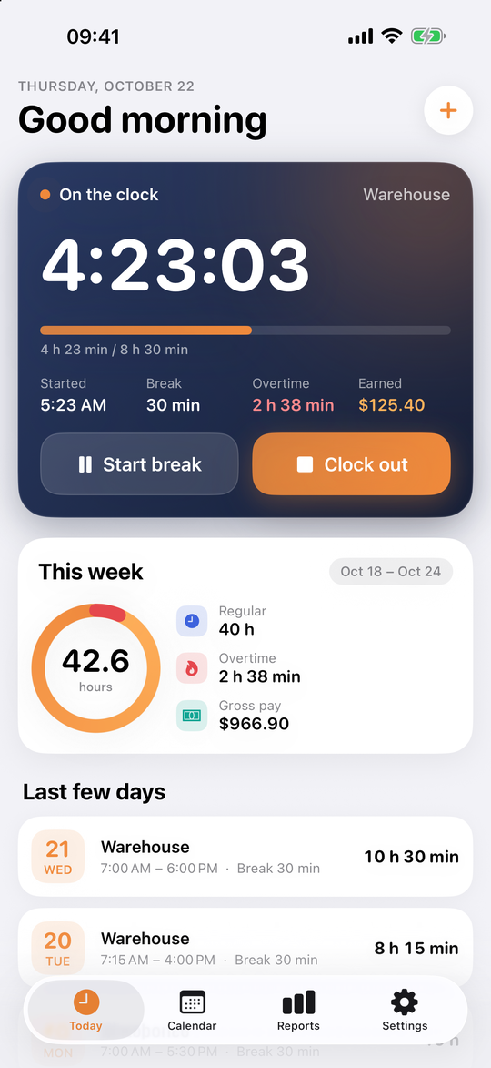 Today screen: running timer, break and clock-out buttons, this week so far