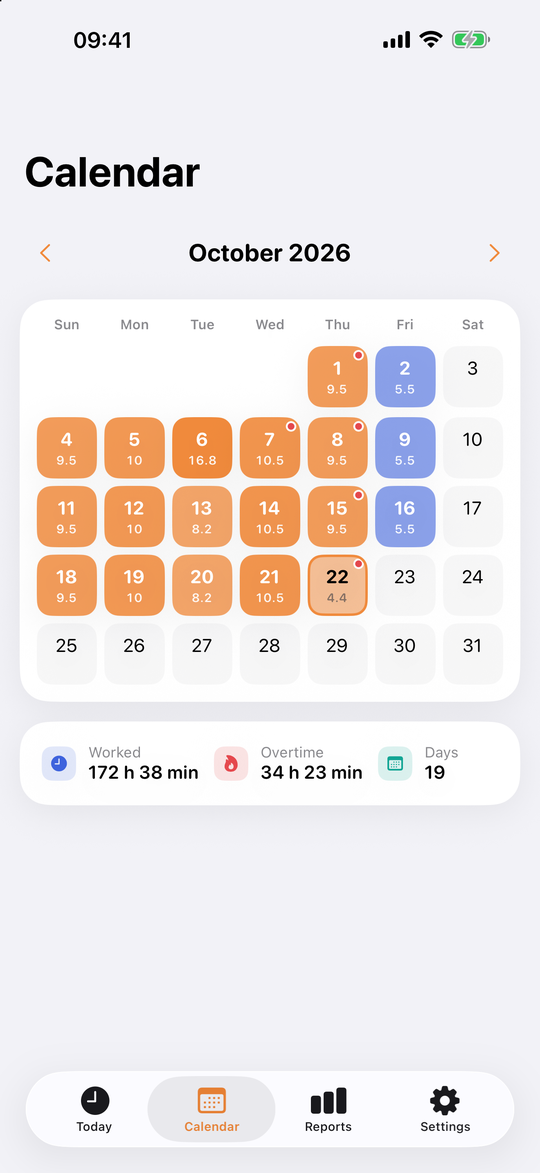 Calendar: hours and overtime for every day