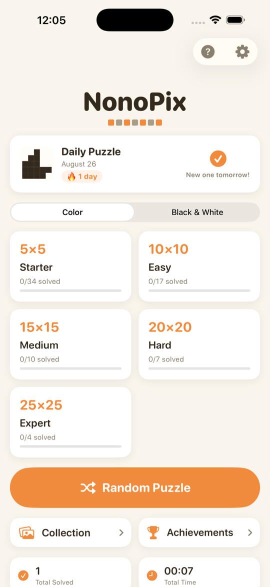NonoPix home screen with puzzle categories and the Daily Puzzle