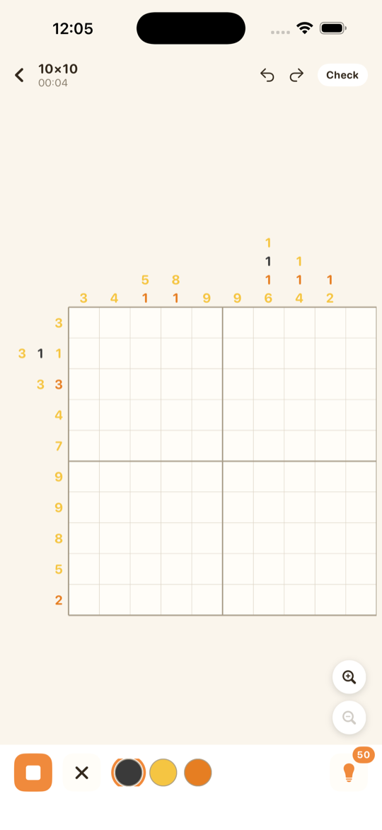 Solving a 10 by 10 nonogram puzzle
